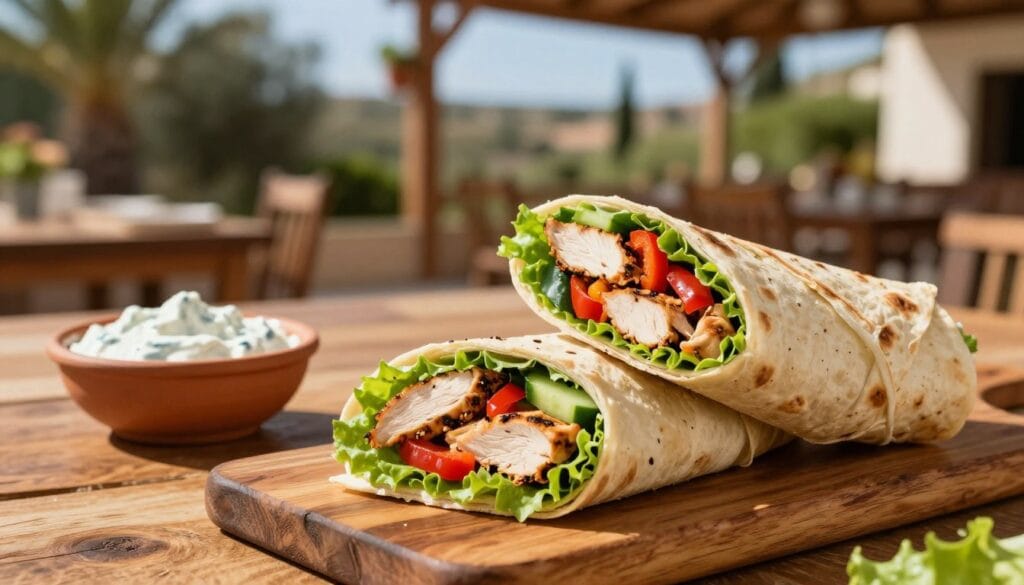 A beautifully arranged Mediterranean chicken wrap, filled with grilled chicken slices, vibrant bell peppers, fresh cucumber, and crisp lettuce, all wrapped in a soft, warm flatbread. In the foreground, the wrap is sliced in half, showcasing the colorful layers inside. In the middle, a rustic wooden table complements a charming Mediterranean setting, with a side of tangy tzatziki sauce in a small bowl. The background features a sunlit outdoor patio with greenery and a hint of blue sky, evoking a relaxed, inviting atmosphere. The lighting is warm and natural, with a shallow depth of field focusing on the wrap, while soft bokeh enhances the outdoor ambiance, creating a fresh and appetizing mood. A beautifully arranged Mediterranean chicken wrap, filled with grilled chicken slices, vibrant bell peppers, fresh cucumber, and crisp lettuce, all wrapped in a soft, warm flatbread. In the foreground, the wrap is sliced in half, showcasing the colorful layers inside. In the middle, a rustic wooden table complements a charming Mediterranean setting, with a side of tangy tzatziki sauce in a small bowl. The background features a sunlit outdoor patio with greenery and a hint of blue sky, evoking a relaxed, inviting atmosphere. The lighting is warm and natural, with a shallow depth of field focusing on the wrap, while soft bokeh enhances the outdoor ambiance, creating a fresh and appetizing mood.
