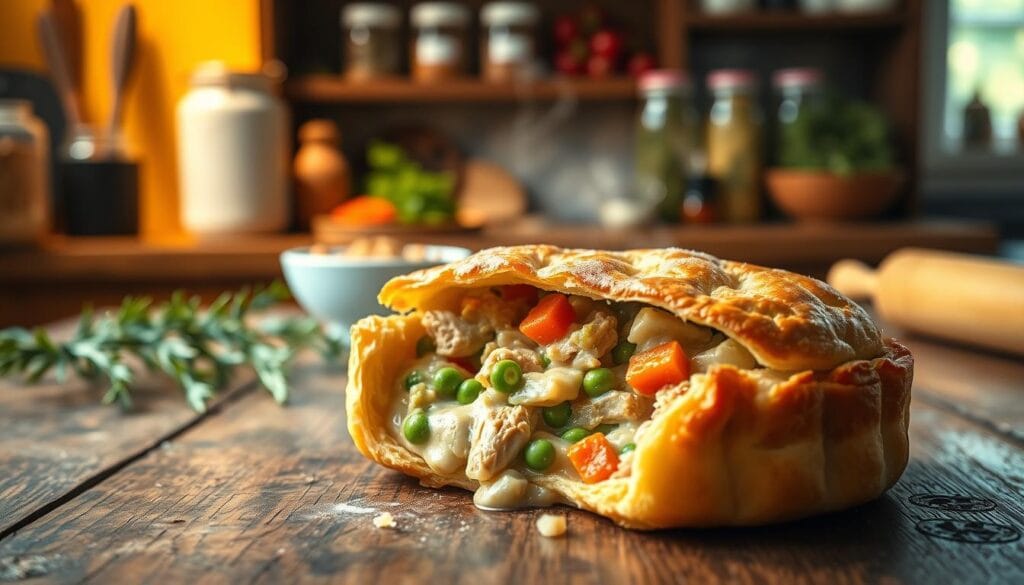 A beautifully arranged chicken pot pie on a rustic wooden kitchen table, showcasing flaky puff pastry with golden-brown edges, steam rising gently from the filling. The pie is sliced open, revealing a colorful mix of tender chicken, carrots, peas, and creamy sauce. In the background, a cozy kitchen scene features warm, ambient lighting, with herbs like rosemary and thyme on the counter, a rolling pin, and a bowl of fresh vegetables nearby. Soft focus on the kitchen shelves filled with mason jars and cookbooks creates an inviting atmosphere. Use a shallow depth of field, emphasizing the pot pie in the foreground while keeping the background softly blurred to evoke a warm, homely feel, perfect for busy weeknights. A beautifully arranged chicken pot pie on a rustic wooden kitchen table, showcasing flaky puff pastry with golden-brown edges, steam rising gently from the filling. The pie is sliced open, revealing a colorful mix of tender chicken, carrots, peas, and creamy sauce. In the background, a cozy kitchen scene features warm, ambient lighting, with herbs like rosemary and thyme on the counter, a rolling pin, and a bowl of fresh vegetables nearby. Soft focus on the kitchen shelves filled with mason jars and cookbooks creates an inviting atmosphere. Use a shallow depth of field, emphasizing the pot pie in the foreground while keeping the background softly blurred to evoke a warm, homely feel, perfect for busy weeknights.
