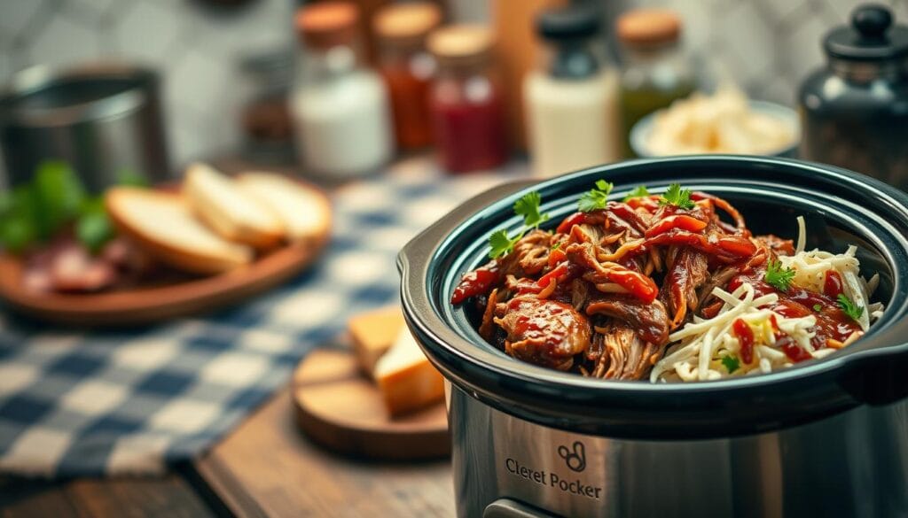 A beautifully arranged crockpot filled with tender, shredded BBQ chicken garnished with fresh parsley and served with a side of coleslaw. In the foreground, the crockpot is positioned at an angle, showcasing the juicy meat glistening with a rich, tangy BBQ sauce. The middle ground features a rustic wooden table adorned with a plaid tablecloth, and a few slices of crusty bread for contrast. In the background, soft, warm lighting creates a cozy atmosphere, enhanced by blurred kitchen utensils and spices. The scene captures a homely vibe, inviting and perfect for sharing a comforting meal with family. Use a shallow depth of field to emphasize the crockpot while gently blurring the background details, evoking a sense of warmth and hospitality.