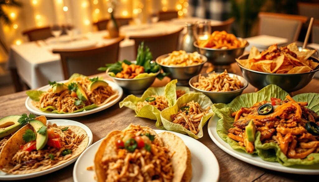 A beautifully arranged festive table showcasing a variety of shredded chicken dishes ideal for parties. In the foreground, vibrant plates of shredded chicken tacos garnished with fresh herbs, creamy avocado slices, and colorful salsa. Beside them, crunchy sliders with a smoky barbecue sauce, and lettuce wraps filled with spicy chicken topped with crispy fried onions. The middle ground features decorative bowls filled with chicken nachos, sprinkled with melted cheese and jalapeños. In the background, a softly lit dining setting adorned with string lights and elegant tableware. The scene has warm, inviting lighting that evokes a cozy, celebratory atmosphere, shot from a slightly elevated angle to capture the full spread. The overall mood is lively and appetizing, perfect for a party setting. A beautifully arranged festive table showcasing a variety of shredded chicken dishes ideal for parties. In the foreground, vibrant plates of shredded chicken tacos garnished with fresh herbs, creamy avocado slices, and colorful salsa. Beside them, crunchy sliders with a smoky barbecue sauce, and lettuce wraps filled with spicy chicken topped with crispy fried onions. The middle ground features decorative bowls filled with chicken nachos, sprinkled with melted cheese and jalapeños. In the background, a softly lit dining setting adorned with string lights and elegant tableware. The scene has warm, inviting lighting that evokes a cozy, celebratory atmosphere, shot from a slightly elevated angle to capture the full spread. The overall mood is lively and appetizing, perfect for a party setting.
