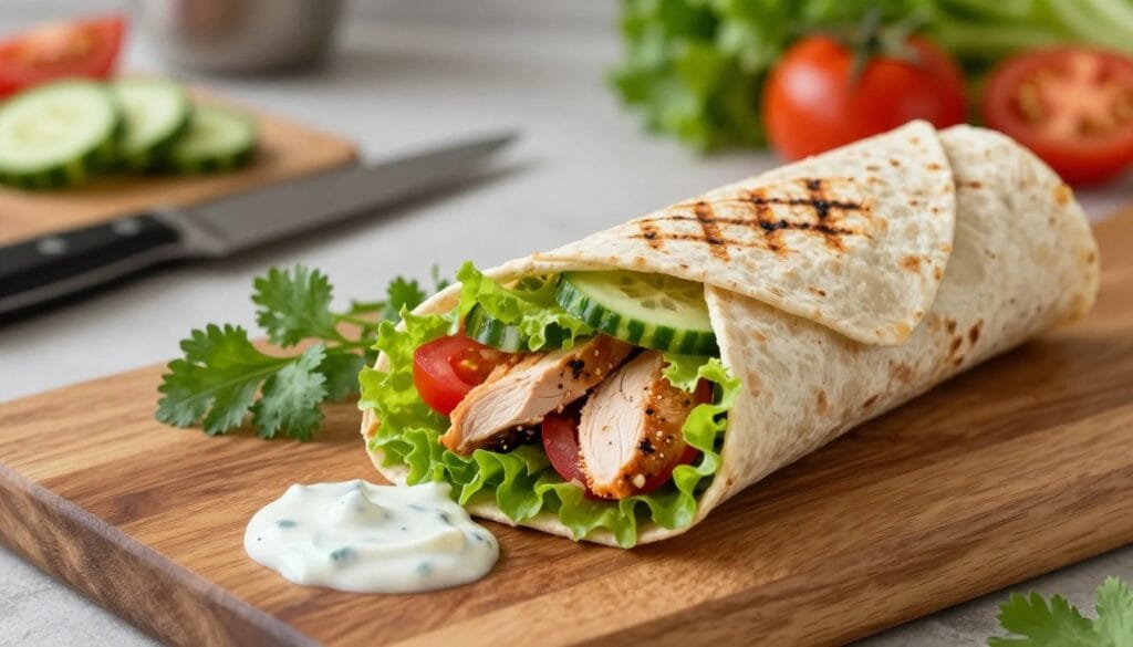 A beautifully arranged healthy grilled chicken wrap on a vibrant wooden cutting board, showcasing layers of grilled chicken strips, crisp lettuce, fresh tomatoes, and sliced cucumbers, all wrapped in a whole wheat tortilla. In the foreground, a light drizzle of a tangy yogurt sauce adds a creamy texture. In the middle, a few sprigs of fresh herbs like cilantro or parsley surround the wrap, enhancing the fresh ingredients. In the background, soft-focus kitchen elements like a knife, a cutting board, and a colorful assortment of fresh vegetables create a warm, inviting home-cooking atmosphere. The lighting is soft and natural, illuminating the textures and colors of the wrap, creating a wholesome and appetizing mood. The angle captures the wrap directly from the side, emphasizing its layered ingredients. A beautifully arranged healthy grilled chicken wrap on a vibrant wooden cutting board, showcasing layers of grilled chicken strips, crisp lettuce, fresh tomatoes, and sliced cucumbers, all wrapped in a whole wheat tortilla. In the foreground, a light drizzle of a tangy yogurt sauce adds a creamy texture. In the middle, a few sprigs of fresh herbs like cilantro or parsley surround the wrap, enhancing the fresh ingredients. In the background, soft-focus kitchen elements like a knife, a cutting board, and a colorful assortment of fresh vegetables create a warm, inviting home-cooking atmosphere. The lighting is soft and natural, illuminating the textures and colors of the wrap, creating a wholesome and appetizing mood. The angle captures the wrap directly from the side, emphasizing its layered ingredients.