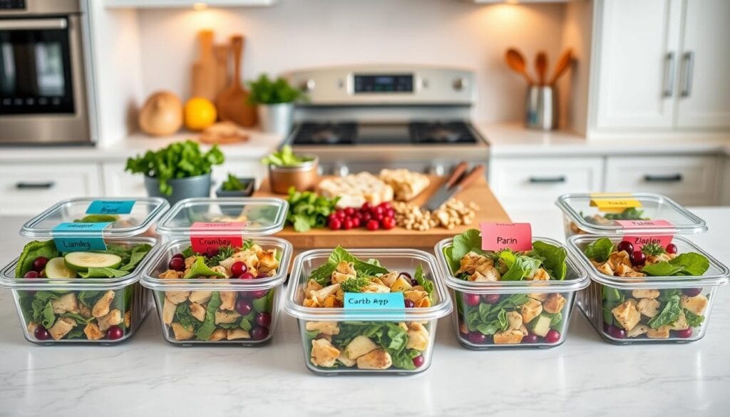 A beautifully arranged kitchen countertop showcasing meal prep success tips. In the foreground, there are several neatly packed meal prep containers filled with vibrant cranberry chicken salad, garnished with fresh herbs. Each container is labeled with colorful tags indicating the ingredients. In the middle, a wooden cutting board features fresh ingredients like cranberries, grilled chicken, mixed greens, and nuts alongside cooking utensils. The background includes an inviting kitchen space with soft, warm lighting, highlighting the cleanliness and organization of the area. The atmosphere feels motivating and productive, conveying a sense of accomplishment and clarity in meal prep. Capture the scene from a slightly elevated angle to provide a comprehensive view of the entire setup. A beautifully arranged kitchen countertop showcasing meal prep success tips. In the foreground, there are several neatly packed meal prep containers filled with vibrant cranberry chicken salad, garnished with fresh herbs. Each container is labeled with colorful tags indicating the ingredients. In the middle, a wooden cutting board features fresh ingredients like cranberries, grilled chicken, mixed greens, and nuts alongside cooking utensils. The background includes an inviting kitchen space with soft, warm lighting, highlighting the cleanliness and organization of the area. The atmosphere feels motivating and productive, conveying a sense of accomplishment and clarity in meal prep. Capture the scene from a slightly elevated angle to provide a comprehensive view of the entire setup.