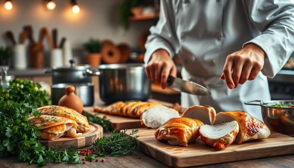 A beautifully arranged kitchen scene focused on cooking techniques for tender poultry. In the foreground, a seasoned chef in a white apron and chef's hat demonstrates slicing cooked chicken breasts, showcasing their juicy, tender texture. The middle ground features various cooking tools like a cutting board, a sharp knife, and a pot simmering with a flavorful broth. Fresh herbs and spices surround the scene, adding vibrant colors. The background shows an inviting kitchen with warm, ambient lighting filtering through a window, highlighting the chef's skillful preparation. The overall mood is warm and inviting, emphasizing the comfort of home-cooked meals and the art of culinary techniques for perfect poultry. A beautifully arranged kitchen scene focused on cooking techniques for tender poultry. In the foreground, a seasoned chef in a white apron and chef's hat demonstrates slicing cooked chicken breasts, showcasing their juicy, tender texture. The middle ground features various cooking tools like a cutting board, a sharp knife, and a pot simmering with a flavorful broth. Fresh herbs and spices surround the scene, adding vibrant colors. The background shows an inviting kitchen with warm, ambient lighting filtering through a window, highlighting the chef's skillful preparation. The overall mood is warm and inviting, emphasizing the comfort of home-cooked meals and the art of culinary techniques for perfect poultry.