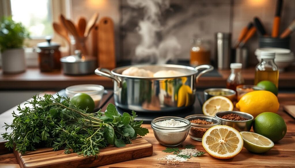A beautifully arranged kitchen scene showcasing flavor enhancements for boiled chicken. In the foreground, a wooden cutting board displays an assortment of fresh herbs like rosemary, thyme, and parsley, alongside vibrant citrus fruits like lemon and lime sliced in half. In the middle, a pot of perfectly boiled chicken rests on the stove, steam gently rising, with a light garlic and pepper sprinkle on top. Surrounding the pot are small bowls filled with spices, olive oil, and aromatics, emphasizing the variety of flavor options. The background features a cozy kitchen ambiance with warm lighting, showcasing utensils and a window with soft natural light coming through, creating a warm, inviting atmosphere conducive to cooking and flavor exploration.