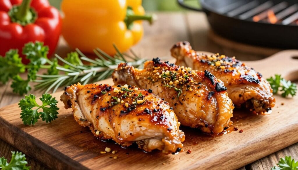 A beautifully arranged plate of seasoned grilled chicken strips, glistening with a blend of spices. The chicken, perfectly char-grilled, displays a golden-brown crust with hints of paprika, garlic, and herbs. In the foreground, focus on the juicy, succulent pieces of chicken set atop a rustic wooden cutting board. Fresh herbs like parsley and rosemary are scattered artistically around the plate, adding vibrant green accents. In the background, softly blurred, there are fresh vegetables like colorful bell peppers and a hint of a grill in action, giving a warm, inviting atmosphere. The lighting is warm and natural, simulating soft afternoon sunlight, enhancing the food's textures and colors. The angle is slightly overhead, showcasing the delicious details of the marinade and seasoning.