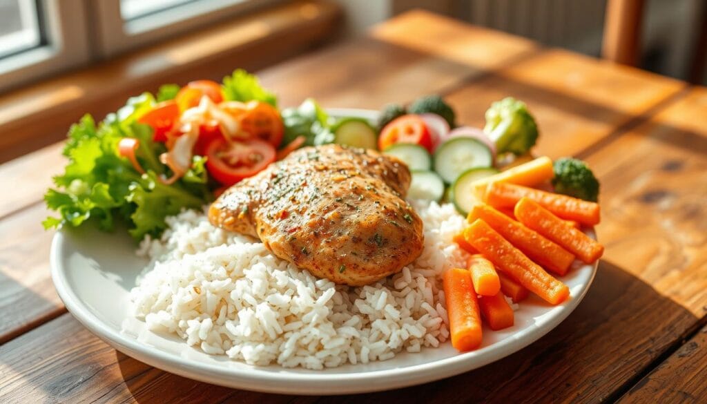 A beautifully arranged plate of simple chicken and rice, featuring tender, herb-seasoned chicken thigh pieces resting on a fluffy bed of white rice. Beside it, a fresh garden salad bursts with vibrant colors, including crisp lettuce, juicy tomatoes, cucumber slices, and a sprinkle of shredded carrots, drizzled lightly with a vinaigrette. Also on the plate are perfectly steamed vegetables, such as bright broccoli and sweet baby carrots, adding a pop of color. The scene is set on a rustic wooden table, softly lit by natural light streaming in from a nearby window, creating a warm and inviting atmosphere. The photograph is taken from a slightly elevated angle to capture the dish's details clearly, evoking a sense of comfort and family-friendly appeal.