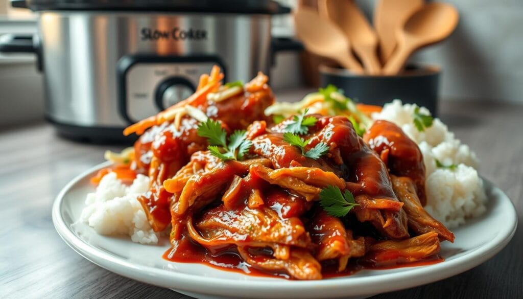 A beautifully arranged plate of tender slow cooker BBQ chicken, glistening with a rich, smoky red sauce. The foreground features generous, juicy pieces of chicken, shredded and garnished with fresh parsley, emphasizing their mouth-watering texture. In the middle, a vibrant side of coleslaw adds a crisp contrast with colorful carrots and green cabbage, while a scoop of fluffy white rice sits beside the chicken, soaking up the flavorful sauce. The background shows a softly lit kitchen setting, with a slow cooker subtly showcased on the counter, surrounded by rustic wooden utensils. The overall atmosphere is warm and inviting, with natural light illuminating the scene, creating a cozy, home-cooked feel. The angle focuses on the food, emphasizing its mouthwatering appeal without any distractions.