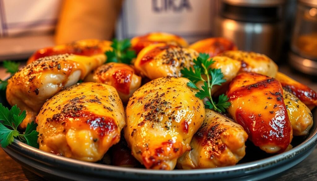 A beautifully arranged platter of oven-baked chicken pieces, showcasing a variety of flavorful seasoning variations like garlic herb, lemon pepper, and honey mustard. The chicken is golden brown, crispy on the outside, and juicy on the inside, garnished with fresh herbs such as parsley and rosemary for a pop of color. In the background, a rustic kitchen setting with soft, warm lighting enhances the inviting atmosphere, highlighting the sheen of the chicken and the rich textures of the seasonings. The angle is slightly above eye level, focusing on the tantalizing details and inviting appearance of the dish, emphasizing the deliciousness and warmth of home-cooked comfort food. A beautifully arranged platter of oven-baked chicken pieces, showcasing a variety of flavorful seasoning variations like garlic herb, lemon pepper, and honey mustard. The chicken is golden brown, crispy on the outside, and juicy on the inside, garnished with fresh herbs such as parsley and rosemary for a pop of color. In the background, a rustic kitchen setting with soft, warm lighting enhances the inviting atmosphere, highlighting the sheen of the chicken and the rich textures of the seasonings. The angle is slightly above eye level, focusing on the tantalizing details and inviting appearance of the dish, emphasizing the deliciousness and warmth of home-cooked comfort food.