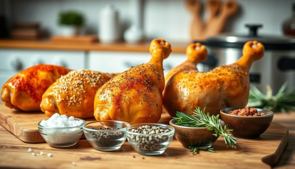 A beautifully arranged scene of simple slow cooker chicken legs, seasoned with various spices. In the foreground, showcase three juicy chicken legs, each sprinkled with distinct seasoning blends: paprika, garlic powder, and Italian herbs. The seasoning colors provide a vibrant contrast against the golden-brown chicken skin. In the middle ground, display a rustic wooden cutting board adorned with small bowls containing the spices used: coarse salt, pepper, rosemary, and thyme, each vividly colored. The background features a softly blurred cozy kitchen setting, with warm lighting streaming in, creating a comforting atmosphere. Use a shallow depth of field to keep the focus on the chicken legs and spices, enhancing the inviting mood ideal for home cooking. A beautifully arranged scene of simple slow cooker chicken legs, seasoned with various spices. In the foreground, showcase three juicy chicken legs, each sprinkled with distinct seasoning blends: paprika, garlic powder, and Italian herbs. The seasoning colors provide a vibrant contrast against the golden-brown chicken skin. In the middle ground, display a rustic wooden cutting board adorned with small bowls containing the spices used: coarse salt, pepper, rosemary, and thyme, each vividly colored. The background features a softly blurred cozy kitchen setting, with warm lighting streaming in, creating a comforting atmosphere. Use a shallow depth of field to keep the focus on the chicken legs and spices, enhancing the inviting mood ideal for home cooking.