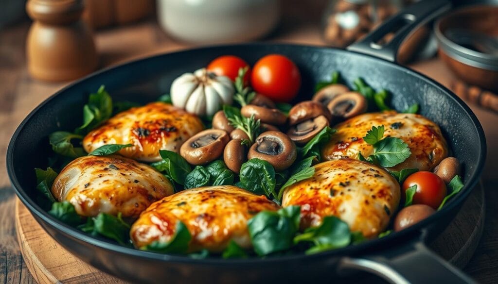A beautifully arranged skillet showcasing an enticing chicken spinach mushroom dish as the focal point. In the foreground, the skillet features golden-brown chicken pieces surrounded by vibrant green spinach and sautéed mushrooms, glistening with a hint of olive oil and herbs. In the middle, fresh ingredients like garlic cloves and cherry tomatoes add color and texture. The background is softly blurred to highlight the skillet, with a rustic wooden kitchen table and faint hints of kitchen utensils. The warm, ambient lighting creates a cozy kitchen atmosphere, emphasizing the deliciousness of the dish. The angle is slightly elevated to provide an overview of the meal, inviting readers to savor the culinary artistry of poultry cooking techniques. A beautifully arranged skillet showcasing an enticing chicken spinach mushroom dish as the focal point. In the foreground, the skillet features golden-brown chicken pieces surrounded by vibrant green spinach and sautéed mushrooms, glistening with a hint of olive oil and herbs. In the middle, fresh ingredients like garlic cloves and cherry tomatoes add color and texture. The background is softly blurred to highlight the skillet, with a rustic wooden kitchen table and faint hints of kitchen utensils. The warm, ambient lighting creates a cozy kitchen atmosphere, emphasizing the deliciousness of the dish. The angle is slightly elevated to provide an overview of the meal, inviting readers to savor the culinary artistry of poultry cooking techniques.