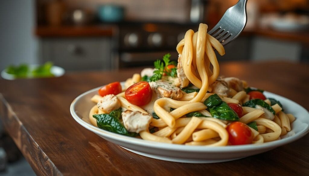 A beautifully plated boursin chicken pasta dish sits elegantly on a rustic wooden table. The foreground showcases a generous serving of penne pasta coated in a creamy, dreamy boursin cheese sauce, interspersed with tender pieces of grilled chicken breast, vibrant green spinach, and cherry tomatoes. A sprinkle of fresh parsley adds a pop of color. In the middle ground, a fork gently twirls a portion of pasta, inviting viewers to indulge. The background features a softly blurred kitchen setting, with warm, ambient lighting that creates a cozy and inviting atmosphere. The focus is sharp on the dish, with a slight shallow depth of field, emphasizing the creamy texture and colors of the meal. The scene inspires an effortless and comforting dining experience. A beautifully plated boursin chicken pasta dish sits elegantly on a rustic wooden table. The foreground showcases a generous serving of penne pasta coated in a creamy, dreamy boursin cheese sauce, interspersed with tender pieces of grilled chicken breast, vibrant green spinach, and cherry tomatoes. A sprinkle of fresh parsley adds a pop of color. In the middle ground, a fork gently twirls a portion of pasta, inviting viewers to indulge. The background features a softly blurred kitchen setting, with warm, ambient lighting that creates a cozy and inviting atmosphere. The focus is sharp on the dish, with a slight shallow depth of field, emphasizing the creamy texture and colors of the meal. The scene inspires an effortless and comforting dining experience.