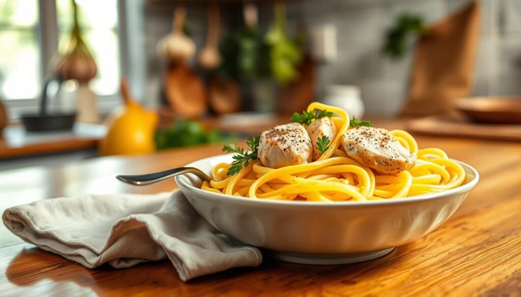 A beautifully plated bowl of lemon pasta with tender chicken fillets, garnished with fresh parsley and a sprinkle of black pepper. The pasta shapes are fettuccine, elegantly twirled around a fork, creating a visually appealing texture. In the foreground, a polished wooden table adds warmth, with a soft linen napkin subtly draped beside the bowl. The middle ground features a rustic kitchen setting, with hanging garlic and herbs in the background, and a blurred view of a window allowing soft, natural light to illuminate the dish. The atmosphere is inviting and warm, perfect for a cozy meal. The composition is shot at a slight angle using a 50mm lens, giving a shallow depth of field that focuses on the details of the vibrant yellow pasta and the succulent chicken, enhancing the appeal of this delicious dish.