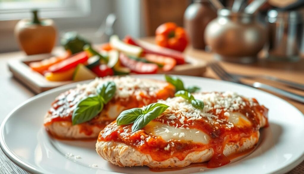 A beautifully plated chicken parmesan without breading, featuring tender chicken breasts topped with a rich marinara sauce and melted mozzarella cheese. The foreground showcases the chicken on a white ceramic plate, garnished with fresh basil leaves, and a sprinkle of grated parmesan cheese. In the middle, colorful roasted vegetables, such as bell peppers, zucchini, and broccoli, offer a healthy contrast. The background features a softly blurred wooden kitchen table with cooking utensils to add depth and warmth. The lighting is bright and natural, coming from a nearby window, casting gentle shadows that highlight the textures of the dish. The overall mood is inviting and appetizing, perfect for a healthy, low-carb meal presentation. A beautifully plated chicken parmesan without breading, featuring tender chicken breasts topped with a rich marinara sauce and melted mozzarella cheese. The foreground showcases the chicken on a white ceramic plate, garnished with fresh basil leaves, and a sprinkle of grated parmesan cheese. In the middle, colorful roasted vegetables, such as bell peppers, zucchini, and broccoli, offer a healthy contrast. The background features a softly blurred wooden kitchen table with cooking utensils to add depth and warmth. The lighting is bright and natural, coming from a nearby window, casting gentle shadows that highlight the textures of the dish. The overall mood is inviting and appetizing, perfect for a healthy, low-carb meal presentation.