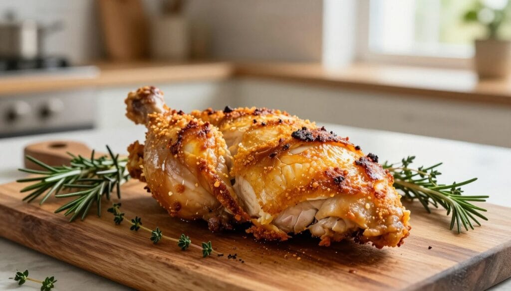 A beautifully plated crispy skin bone-in chicken breast, showcasing perfectly golden-brown, crackling skin with a succulent, juicy interior. The chicken is arranged on a rustic wooden cutting board, garnished with fresh herbs like rosemary and thyme for a touch of color. In the background, a softly blurred kitchen scene features natural light streaming through a nearby window, creating a warm and inviting atmosphere. The angle is slightly above eye-level, capturing the texture of the crispy skin while highlighting the vibrant colors of the garnishes. The mood is cozy and appetizing, making viewers crave the delicious results of expert cooking techniques. A beautifully plated crispy skin bone-in chicken breast, showcasing perfectly golden-brown, crackling skin with a succulent, juicy interior. The chicken is arranged on a rustic wooden cutting board, garnished with fresh herbs like rosemary and thyme for a touch of color. In the background, a softly blurred kitchen scene features natural light streaming through a nearby window, creating a warm and inviting atmosphere. The angle is slightly above eye-level, capturing the texture of the crispy skin while highlighting the vibrant colors of the garnishes. The mood is cozy and appetizing, making viewers crave the delicious results of expert cooking techniques.