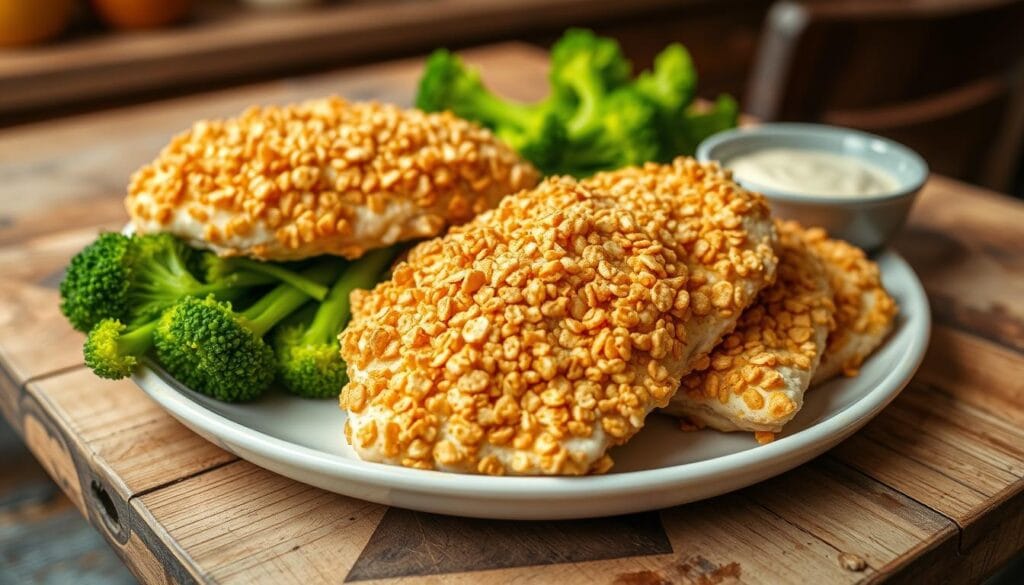 A beautifully plated dish of oven-baked chicken with a golden, crispy cracker crust made from crushed Ritz crackers. The chicken pieces are arranged artfully on a rustic wooden table, with a side of vibrant green steamed broccoli and a small bowl of creamy dipping sauce. Soft, natural lighting highlights the textures of the crunchy crust and the juicy, succulent chicken beneath. The background features a cozy kitchen setting, with warm colors and a hint of herbs and spices on the counter, creating an inviting atmosphere. The scene is captured from a slightly elevated angle to emphasize the rich details of the food and to evoke a sense of homely comfort. A beautifully plated dish of oven-baked chicken with a golden, crispy cracker crust made from crushed Ritz crackers. The chicken pieces are arranged artfully on a rustic wooden table, with a side of vibrant green steamed broccoli and a small bowl of creamy dipping sauce. Soft, natural lighting highlights the textures of the crunchy crust and the juicy, succulent chicken beneath. The background features a cozy kitchen setting, with warm colors and a hint of herbs and spices on the counter, creating an inviting atmosphere. The scene is captured from a slightly elevated angle to emphasize the rich details of the food and to evoke a sense of homely comfort.