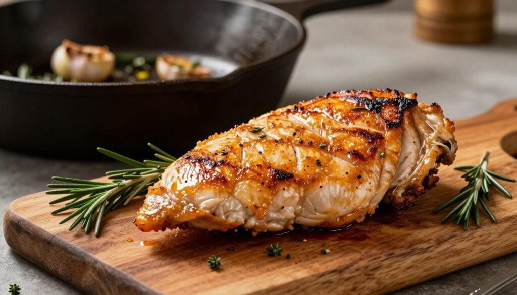 A beautifully plated pan-seared bone-in chicken breast, with crispy golden skin glistening under soft lighting, highlighting its succulent textures. The chicken is resting on a rustic wooden cutting board, accompanied by sprigs of rosemary and thyme. In the background, a cast iron skillet reflects the warm glow of the kitchen, with hints of sautéed garlic and herbs. The scene is captured from a slightly elevated angle, providing a dynamic view of the dish. The atmosphere is warm and inviting, showcasing the mouthwatering details of the chicken and the cozy kitchen setting, evoking a sense of comfort and home-cooked goodness. A beautifully plated pan-seared bone-in chicken breast, with crispy golden skin glistening under soft lighting, highlighting its succulent textures. The chicken is resting on a rustic wooden cutting board, accompanied by sprigs of rosemary and thyme. In the background, a cast iron skillet reflects the warm glow of the kitchen, with hints of sautéed garlic and herbs. The scene is captured from a slightly elevated angle, providing a dynamic view of the dish. The atmosphere is warm and inviting, showcasing the mouthwatering details of the chicken and the cozy kitchen setting, evoking a sense of comfort and home-cooked goodness.