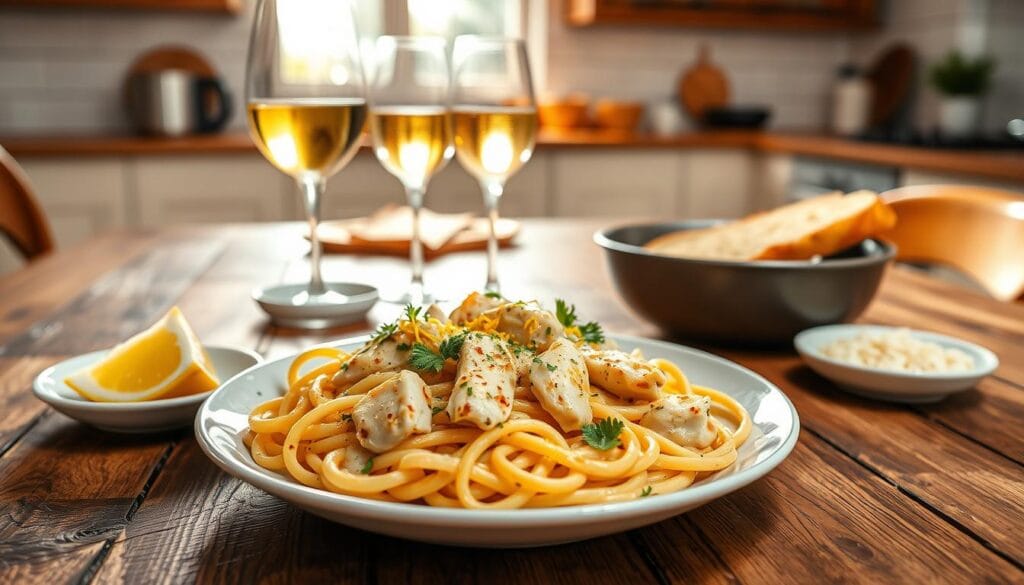 A beautifully plated serving of lemon chicken pasta, featuring tender pieces of chicken, fettuccine noodles tossed in a creamy lemon sauce, garnished with fresh parsley and lemon zest. The foreground showcases the pasta on a rustic wooden table, accompanied by a slice of garlic bread and a small dish of grated Parmesan cheese. In the middle, a glass of chilled white wine adds a touch of elegance, while a bright, sunlit kitchen provides a warm glow in the background. Soft, natural light pours through a window, casting gentle shadows and creating an inviting atmosphere. The perspective is a slightly elevated angle, capturing the vibrancy of the dish and the warmth of the surroundings, evoking a feeling of comfort and delight in serving.