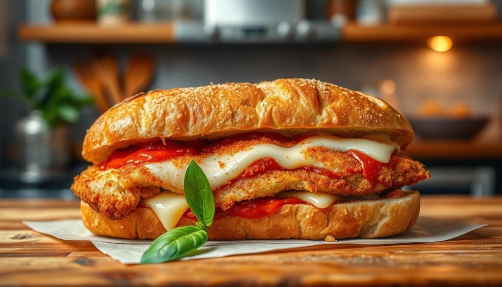 A beautifully presented chicken parmesan sandwich with a golden brown, crunchy crust takes center stage. The sandwich features juicy, breaded chicken cutlet, melting marinara sauce, and gooey mozzarella cheese, all nestled between two thick slices of artisan ciabatta bread. The foreground captures the rich textures of the crust, with glistening crumbs and hints of seasoning. In the middle ground, a fresh basil leaf adds a touch of green, enhancing the overall appeal. The background showcases an inviting kitchen atmosphere, with soft, warm lighting highlighting the sandwich, creating an inviting and cozy feel. The image is shot from a slightly elevated angle, emphasizing the layers and deliciousness of the sandwich, evoking a sense of indulgence and comfort.