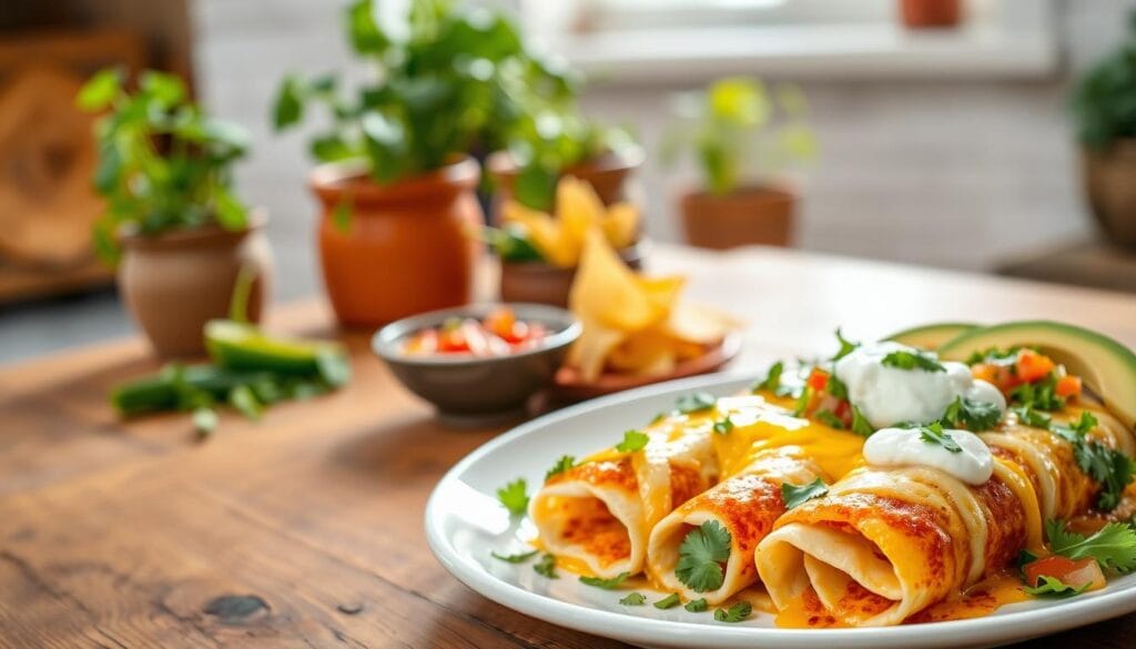 A beautifully styled plate of classic chicken enchiladas, topped with melted cheese, fresh cilantro, and a drizzle of sour cream. In the foreground, the enchiladas are elegantly arranged, with colorful pico de gallo and avocado slices on the side. In the middle, a rustic wooden table provides a warm, inviting feel, with a small bowl of homemade salsa and tortilla chips visible. The background features a softly blurred kitchen setting with vibrant herbs like cilantro and jalapeños in pots, hinting at the fresh ingredients used in the recipe. Natural light streams in from a nearby window, casting a soft glow over the scene, creating a cozy and appetizing atmosphere perfect for a home-cooked meal. The image should evoke a sense of warmth and culinary delight. A beautifully styled plate of classic chicken enchiladas, topped with melted cheese, fresh cilantro, and a drizzle of sour cream. In the foreground, the enchiladas are elegantly arranged, with colorful pico de gallo and avocado slices on the side. In the middle, a rustic wooden table provides a warm, inviting feel, with a small bowl of homemade salsa and tortilla chips visible. The background features a softly blurred kitchen setting with vibrant herbs like cilantro and jalapeños in pots, hinting at the fresh ingredients used in the recipe. Natural light streams in from a nearby window, casting a soft glow over the scene, creating a cozy and appetizing atmosphere perfect for a home-cooked meal. The image should evoke a sense of warmth and culinary delight.