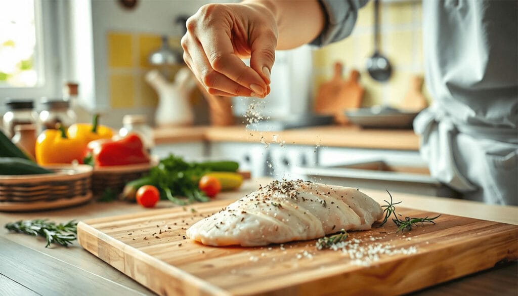 A bright and inviting kitchen scene, with a focus on a thin chicken breast being expertly seasoned on a wooden cutting board. In the foreground, a chef in a white apron and a modest casual shirt, with short dark hair, sprinkles salt and pepper using precise movements. Various herbs like rosemary and thyme are scattered around the board, enhancing the preparation process. In the middle ground, a well-stocked spice rack and vibrant vegetables like bell peppers and zucchini add color and vibrancy. The background features a softly lit kitchen with warm yellow tones, ceramic utensils, and a hint of a baking tray ready for use in the oven. A shallow depth of field creates a gentle blur in the background, emphasizing the cooking action and creating a cozy, homey atmosphere.
