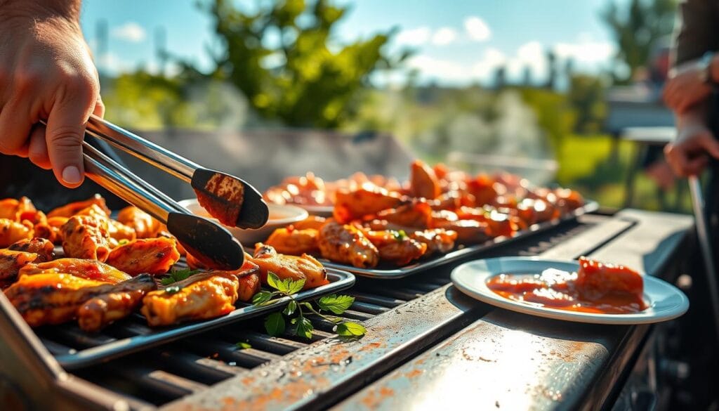 A close-up scene of perfectly grilled chicken wings sizzling on a well-worn barbecue grill, with golden-brown crispy skin glistening in the sunlight. A hand in a casual chef's apron turns the wings with tongs, emphasizing the grilling technique. In the middle ground, there are platters with mouth-watering, sauced wings and fresh herbs garnishing the scene. The background features a vibrant outdoor setting with lush greenery and a clear blue sky, suggesting a sunny day ideal for grilling. The lighting is warm and natural, casting dynamic shadows across the grill's surface. The atmosphere is lively and inviting, perfect for a backyard cookout with friends and family, focusing on the joy of grilling chicken wings to achieve that perfect texture and flavor. A close-up scene of perfectly grilled chicken wings sizzling on a well-worn barbecue grill, with golden-brown crispy skin glistening in the sunlight. A hand in a casual chef's apron turns the wings with tongs, emphasizing the grilling technique. In the middle ground, there are platters with mouth-watering, sauced wings and fresh herbs garnishing the scene. The background features a vibrant outdoor setting with lush greenery and a clear blue sky, suggesting a sunny day ideal for grilling. The lighting is warm and natural, casting dynamic shadows across the grill's surface. The atmosphere is lively and inviting, perfect for a backyard cookout with friends and family, focusing on the joy of grilling chicken wings to achieve that perfect texture and flavor.