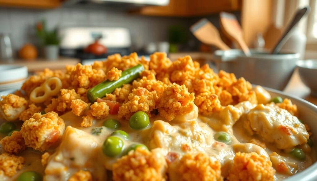 A close-up shot of a beautifully prepared creamy chicken casserole, emphasizing its rich, velvety texture and appetizing golden-brown crust topped with crumbled Ritz crackers. In the foreground, lightly crispy chicken pieces are interspersed with a creamy, herb-seasoned sauce, showing the ideal consistency that glistens under warm, natural lighting. The middle of the frame features fresh vegetables, like peas and carrots, providing bursts of color, adding freshness to the comforting dish. In the background, a softly blurred kitchen setting suggests a cozy family atmosphere, with warm wooden cabinetry and hints of cooking utensils. The overall mood conveys warmth and homeliness, inviting viewers to imagine enjoying a delicious family dinner together.