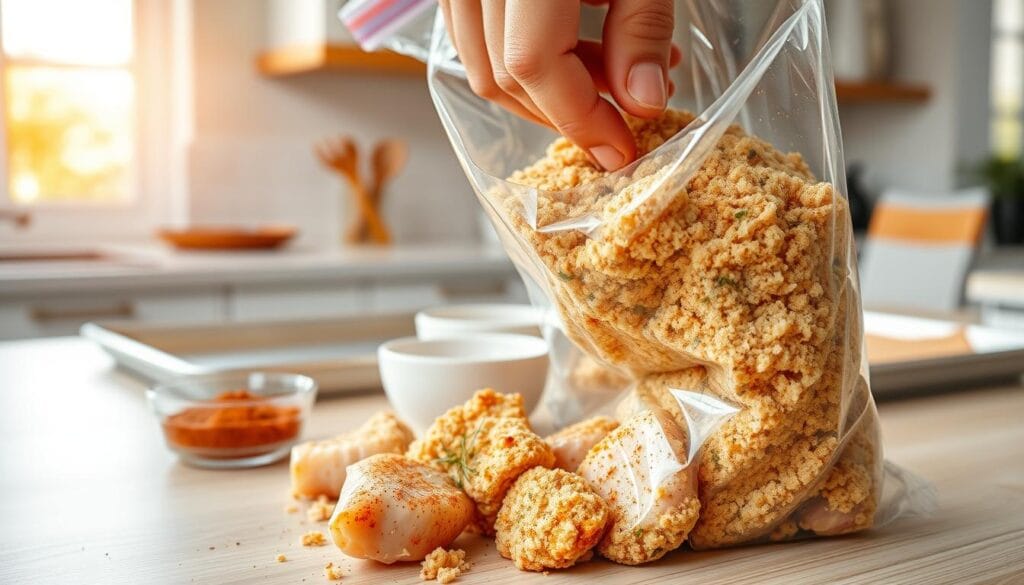 A close-up shot of a hand shaking a large zip-top bag filled with seasoned breadcrumbs and pieces of raw chicken, illustrating the shake and bake technique. The foreground features the chicken pieces partially coated in the flavorful mixture, with spices visible in vibrant colors like paprika, garlic powder, and herbs. In the middle, a countertop with a light wooden texture is shown, along with a small bowl of additional seasoning and a baking tray ready for the oven. The background is softly blurred, hinting at a modern kitchen with warm, inviting light streaming in from a window, creating a cozy atmosphere. The image captures the excitement of cooking, emphasizing crispiness and deliciousness in an inviting culinary scene.