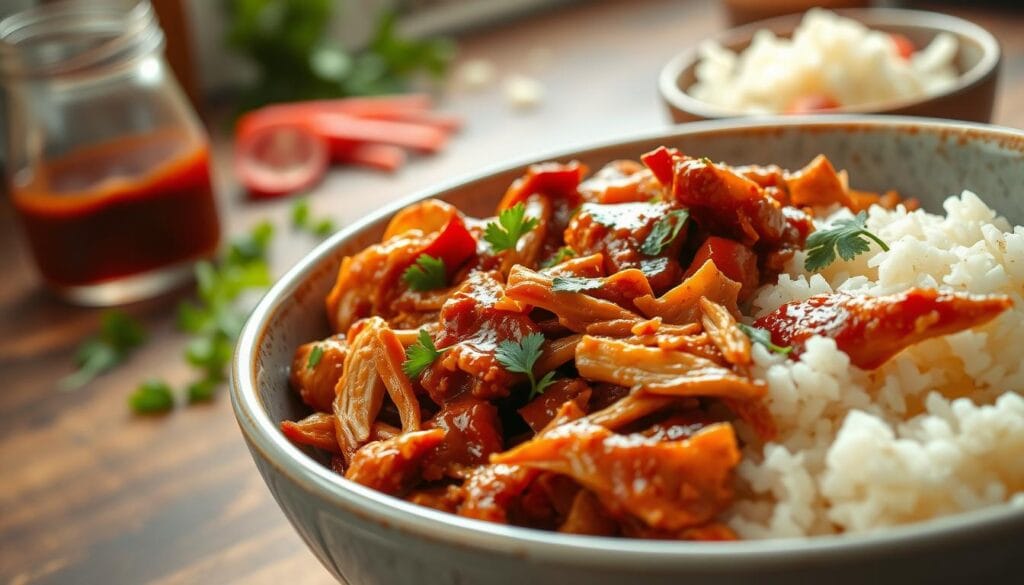 A close-up view of a bowl filled with tender, shredded BBQ chicken leftovers, glistening in a rich, tangy sauce. The chicken is garnished with a sprinkle of fresh parsley and served with a side of fluffy, white rice in a contrasting ceramic bowl. In the background, a rustic kitchen countertop is visible, featuring a few scattered ingredients like a half-empty jar of BBQ sauce, fresh herbs, and chopped vegetables, creating a warm, homey atmosphere. Soft, natural light illuminates the scene, highlighting the texture of the chicken and the vibrant colors of the food. The camera angle is slightly elevated, focusing on the bowl while allowing the background elements to softly blur, enhancing the inviting and comforting mood of a cozy home meal.