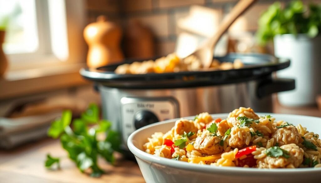 A close-up view of a healthy slow cooker chicken and rice meal, featuring tender chicken pieces simmered with brown rice, colorful bell peppers, and fresh herbs like parsley and cilantro. The foreground showcases a serving bowl filled with the warm, cozy dish, with steam rising gently to evoke comfort and warmth. The middle layer presents a slow cooker partially filled with the mixture, with a wooden spoon resting beside it. In the background, a rustic kitchen setting is visible, softly lit by natural light streaming in from a nearby window, enhancing the inviting atmosphere. The overall mood is wholesome and cheerful, perfect for attention to nutritious home cooking. The image should be vibrant and appetizing, emphasizing freshness and health. A close-up view of a healthy slow cooker chicken and rice meal, featuring tender chicken pieces simmered with brown rice, colorful bell peppers, and fresh herbs like parsley and cilantro. The foreground showcases a serving bowl filled with the warm, cozy dish, with steam rising gently to evoke comfort and warmth. The middle layer presents a slow cooker partially filled with the mixture, with a wooden spoon resting beside it. In the background, a rustic kitchen setting is visible, softly lit by natural light streaming in from a nearby window, enhancing the inviting atmosphere. The overall mood is wholesome and cheerful, perfect for attention to nutritious home cooking. The image should be vibrant and appetizing, emphasizing freshness and health.