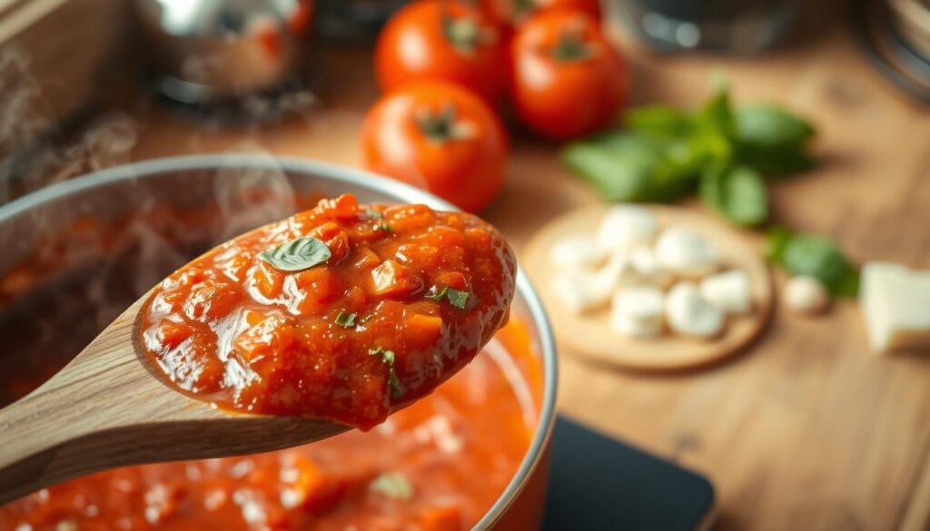 A close-up view of a rich, homemade chicken parm sandwich sauce simmering in a rustic saucepan. The sauce is a vibrant red, flecked with fresh basil and garlic, releasing steam in a warm kitchen. In the foreground, a wooden spoon rests against the edge of the pan, showcasing a scoop of thick sauce with a few glistening chunks of tomato. The middle ground features a slightly blurred backdrop of ingredients: fresh tomatoes, mozzarella cheese, and herbs on a wooden countertop. Soft, warm lighting bathes the scene, creating inviting shadows, while a shallow depth of field focuses on the sauce. The atmosphere conveys warmth and home-cooked comfort, perfect for illustrating the secret to a delicious Chicken Parm Sandwich sauce. A close-up view of a rich, homemade chicken parm sandwich sauce simmering in a rustic saucepan. The sauce is a vibrant red, flecked with fresh basil and garlic, releasing steam in a warm kitchen. In the foreground, a wooden spoon rests against the edge of the pan, showcasing a scoop of thick sauce with a few glistening chunks of tomato. The middle ground features a slightly blurred backdrop of ingredients: fresh tomatoes, mozzarella cheese, and herbs on a wooden countertop. Soft, warm lighting bathes the scene, creating inviting shadows, while a shallow depth of field focuses on the sauce. The atmosphere conveys warmth and home-cooked comfort, perfect for illustrating the secret to a delicious Chicken Parm Sandwich sauce.