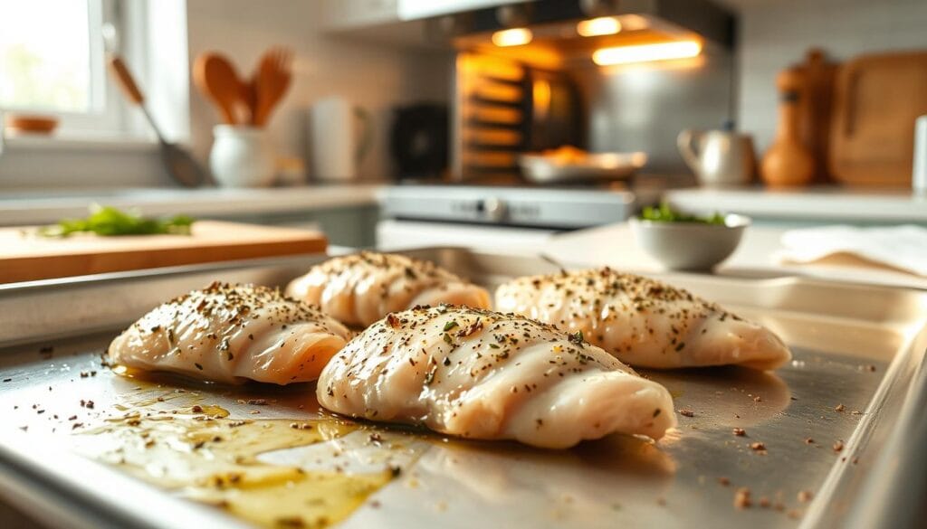 A close-up view of baking thin chicken breast in a well-lit kitchen setting. The chicken breasts are placed on a stainless steel baking sheet, seasoned with herbs and spices, glistening with a light drizzle of olive oil. In the background, an oven is slightly open, with warm, golden light spilling out, hinting at the cooking process. The countertop is neatly organized with kitchen utensils, a cutting board, and a small bowl of mixed herbs. The scene captures a homey atmosphere, with natural light streaming in through a window, creating soft shadows for depth. The focus is sharp on the chicken, while the background elements add context. Overall, the image conveys a sense of culinary care and attention to detail. A close-up view of baking thin chicken breast in a well-lit kitchen setting. The chicken breasts are placed on a stainless steel baking sheet, seasoned with herbs and spices, glistening with a light drizzle of olive oil. In the background, an oven is slightly open, with warm, golden light spilling out, hinting at the cooking process. The countertop is neatly organized with kitchen utensils, a cutting board, and a small bowl of mixed herbs. The scene captures a homey atmosphere, with natural light streaming in through a window, creating soft shadows for depth. The focus is sharp on the chicken, while the background elements add context. Overall, the image conveys a sense of culinary care and attention to detail.