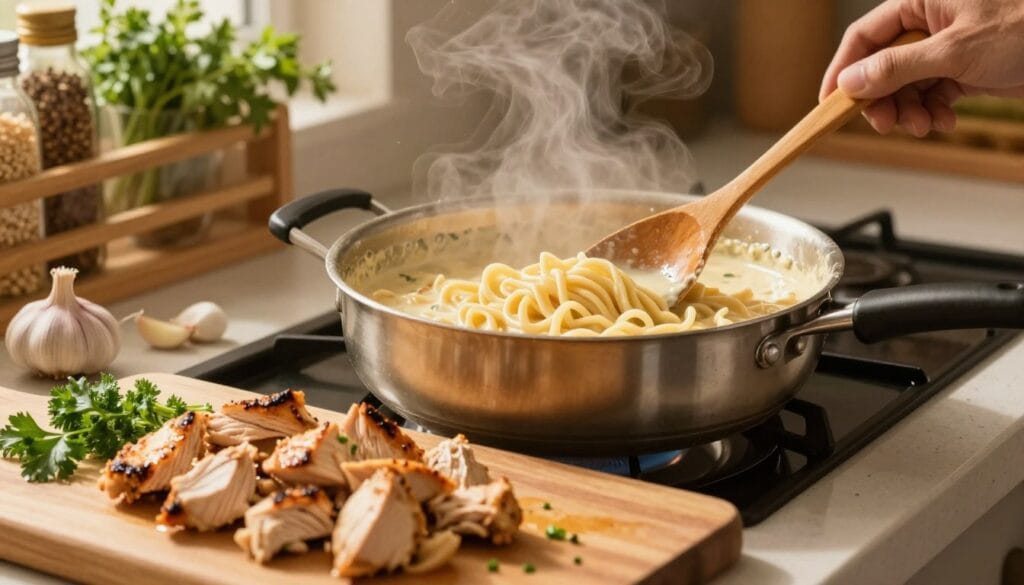 A close-up view of creamy chicken noodles sauce preparation in a cozy kitchen setting. In the foreground, a wooden cutting board features diced grilled chicken, fresh garlic, and chopped parsley. The middle ground showcases a bubbling saucepan filled with a rich, creamy sauce, with steam rising gently. On a stove, a wooden spoon stirs the sauce, blending in penne noodles. In the background, warm, soft lighting floods the room, enhancing the golden hues of the sauce while a shelf filled with herbs and spices adds a homey touch. The overall mood is inviting and homely, perfect for an easy cooking experience. Focus on clarity and detail to emphasize the deliciousness of the creamy sauce. A close-up view of creamy chicken noodles sauce preparation in a cozy kitchen setting. In the foreground, a wooden cutting board features diced grilled chicken, fresh garlic, and chopped parsley. The middle ground showcases a bubbling saucepan filled with a rich, creamy sauce, with steam rising gently. On a stove, a wooden spoon stirs the sauce, blending in penne noodles. In the background, warm, soft lighting floods the room, enhancing the golden hues of the sauce while a shelf filled with herbs and spices adds a homey touch. The overall mood is inviting and homely, perfect for an easy cooking experience. Focus on clarity and detail to emphasize the deliciousness of the creamy sauce.
