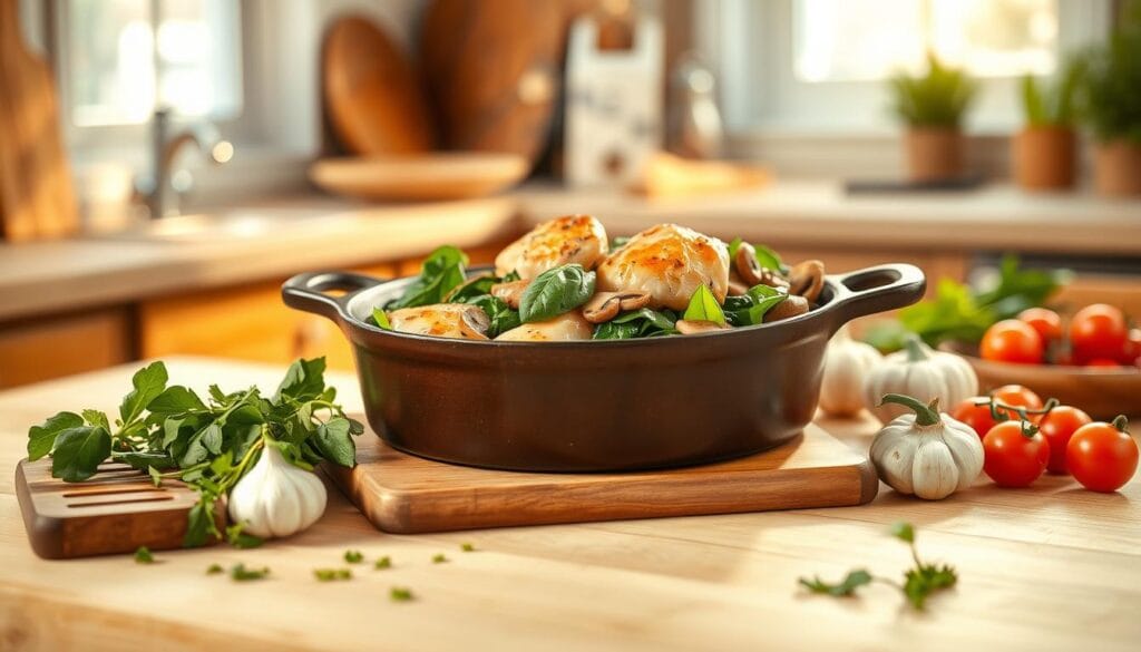 A cozy kitchen scene featuring a beautifully prepared one-pot meal with chicken, spinach, and mushrooms. The dish is prominently displayed in a rustic cast-iron pot, with vibrant colors of fresh spinach and earthy mushrooms contrasting against the golden-brown chicken. Surrounding the pot, fresh ingredients like garlic and cherry tomatoes add a lively touch. The foreground showcases a wooden cutting board with a few scattered herbs, while a soft wooden table sets the middle ground. In the background, warm sunlight filters through a window, casting a gentle glow and creating an inviting atmosphere. The scene should evoke feelings of warmth and comfort, emphasizing the simplicity and ease of one-pot meals. Use natural lighting with a shallow depth of field to softly blur the background for a focused look at the meal. A cozy kitchen scene featuring a beautifully prepared one-pot meal with chicken, spinach, and mushrooms. The dish is prominently displayed in a rustic cast-iron pot, with vibrant colors of fresh spinach and earthy mushrooms contrasting against the golden-brown chicken. Surrounding the pot, fresh ingredients like garlic and cherry tomatoes add a lively touch. The foreground showcases a wooden cutting board with a few scattered herbs, while a soft wooden table sets the middle ground. In the background, warm sunlight filters through a window, casting a gentle glow and creating an inviting atmosphere. The scene should evoke feelings of warmth and comfort, emphasizing the simplicity and ease of one-pot meals. Use natural lighting with a shallow depth of field to softly blur the background for a focused look at the meal.