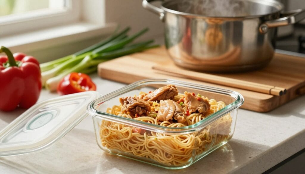 A cozy kitchen scene featuring a close-up of a bowl filled with leftover chicken on noodles, surrounded by colorful fresh vegetables like bell peppers and green onions. In the foreground, a clear glass container with a lid sits open, showcasing neatly arranged chicken pieces on top of the noodles, creating an inviting presentation. The middle ground includes a wooden cutting board with a pair of chopsticks resting atop it and a steaming pot in the background, subtly reflecting the warmth of a meal being reheated. Soft, natural light filters through a nearby window, casting gentle shadows and enhancing the appetizing colors. The overall atmosphere is warm and homey, evoking a sense of comfort and practicality in storing and reheating leftovers. A cozy kitchen scene featuring a close-up of a bowl filled with leftover chicken on noodles, surrounded by colorful fresh vegetables like bell peppers and green onions. In the foreground, a clear glass container with a lid sits open, showcasing neatly arranged chicken pieces on top of the noodles, creating an inviting presentation. The middle ground includes a wooden cutting board with a pair of chopsticks resting atop it and a steaming pot in the background, subtly reflecting the warmth of a meal being reheated. Soft, natural light filters through a nearby window, casting gentle shadows and enhancing the appetizing colors. The overall atmosphere is warm and homey, evoking a sense of comfort and practicality in storing and reheating leftovers.
