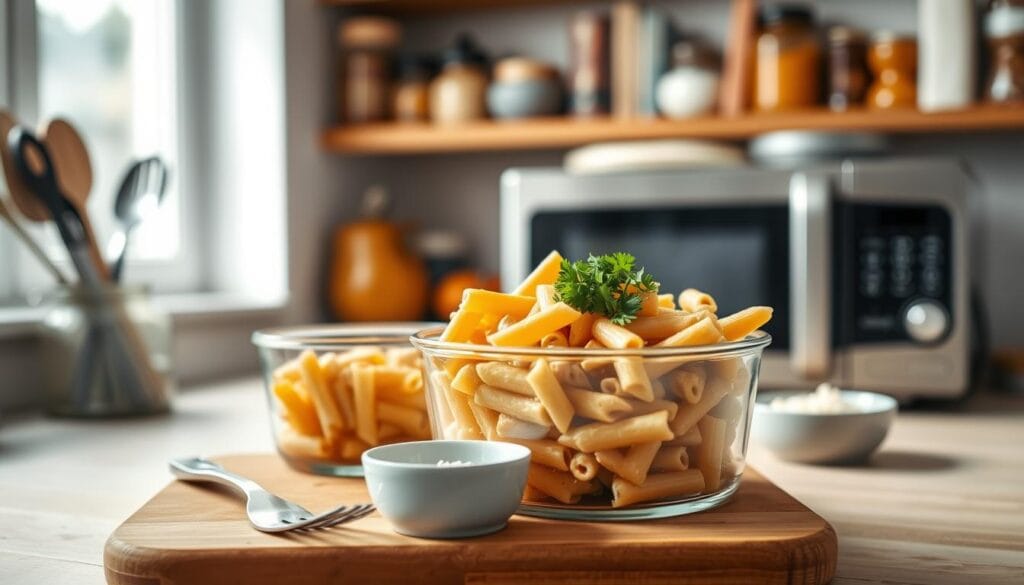 A cozy kitchen scene featuring a stylish glass container filled with chicken penne pasta, neatly arranged with a sprinkle of fresh parsley on top. In the foreground, a wooden cutting board holds a set of utensils, a fork, and a small bowl of grated Parmesan. The middle ground shows a microwave, ready to reheat the leftovers, with the pasta container positioned beside it. In the background, soft-focus shelves display jars of ingredients and cookbooks, creating a warm, inviting atmosphere. The lighting is soft and natural, streaming in through a window to highlight the textures of the pasta and the sheen of the glass container. Capture this moment from a slightly elevated angle to give a clear view of the preparation space and the comforting ambiance of home cooking. A cozy kitchen scene featuring a stylish glass container filled with chicken penne pasta, neatly arranged with a sprinkle of fresh parsley on top. In the foreground, a wooden cutting board holds a set of utensils, a fork, and a small bowl of grated Parmesan. The middle ground shows a microwave, ready to reheat the leftovers, with the pasta container positioned beside it. In the background, soft-focus shelves display jars of ingredients and cookbooks, creating a warm, inviting atmosphere. The lighting is soft and natural, streaming in through a window to highlight the textures of the pasta and the sheen of the glass container. Capture this moment from a slightly elevated angle to give a clear view of the preparation space and the comforting ambiance of home cooking.