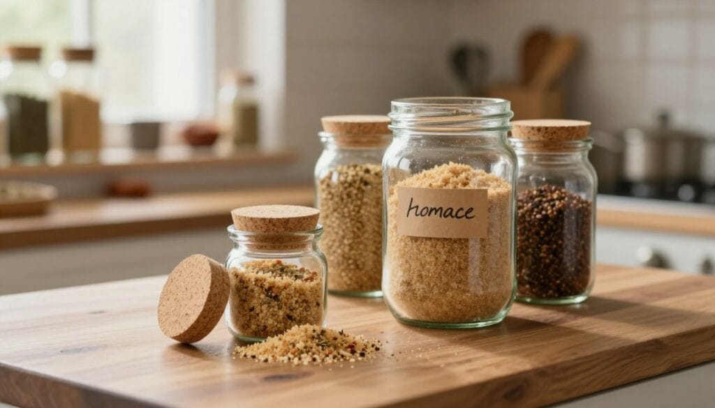 A cozy kitchen scene featuring jars filled with homemade chicken coating mix placed on a wooden countertop. In the foreground, a small glass jar with a rustic cork lid is open, revealing a textured blend of breadcrumbs, spices, and herbs, spilling slightly onto the table. In the middle, another jar, labeled with a handwritten tag, showcases the organized assortment of different coating mixes, each in various sizes and shapes. The background includes shelves lined with spices and cooking utensils, emitting a warm, inviting glow from soft, natural lighting filtering in through a nearby window. The mood is homely and comforting, evoking a sense of culinary creativity and simplicity. Use a shallow depth of field to accentuate the jars and create a pleasant bokeh effect in the background. A cozy kitchen scene featuring jars filled with homemade chicken coating mix placed on a wooden countertop. In the foreground, a small glass jar with a rustic cork lid is open, revealing a textured blend of breadcrumbs, spices, and herbs, spilling slightly onto the table. In the middle, another jar, labeled with a handwritten tag, showcases the organized assortment of different coating mixes, each in various sizes and shapes. The background includes shelves lined with spices and cooking utensils, emitting a warm, inviting glow from soft, natural lighting filtering in through a nearby window. The mood is homely and comforting, evoking a sense of culinary creativity and simplicity. Use a shallow depth of field to accentuate the jars and create a pleasant bokeh effect in the background.