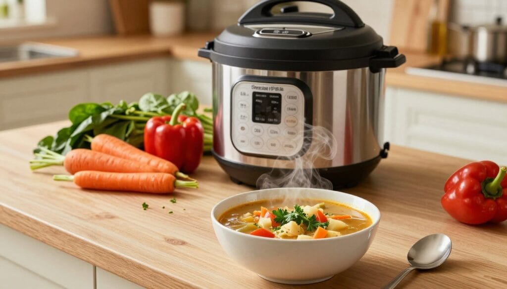 A cozy kitchen scene highlighting an Instant Pot on a countertop, surrounded by vibrant ingredients for easy weeknight meals. In the foreground, a steaming bowl of hearty soup, garnished with fresh herbs, captures the essence of comfort food. The middle section features an array of colorful vegetables like carrots, bell peppers, and spinach neatly arranged next to the Instant Pot, suggesting effortless meal prep. In the background, soft-focus kitchen cabinets and warm lighting create an inviting atmosphere, enhancing the sense of home cooking. The angle is slightly tilted to provide a dynamic perspective, showcasing the delicious meal as the central focus. The mood is warm and inviting, perfect for busy evenings when comfort food is a priority. A cozy kitchen scene highlighting an Instant Pot on a countertop, surrounded by vibrant ingredients for easy weeknight meals. In the foreground, a steaming bowl of hearty soup, garnished with fresh herbs, captures the essence of comfort food. The middle section features an array of colorful vegetables like carrots, bell peppers, and spinach neatly arranged next to the Instant Pot, suggesting effortless meal prep. In the background, soft-focus kitchen cabinets and warm lighting create an inviting atmosphere, enhancing the sense of home cooking. The angle is slightly tilted to provide a dynamic perspective, showcasing the delicious meal as the central focus. The mood is warm and inviting, perfect for busy evenings when comfort food is a priority.