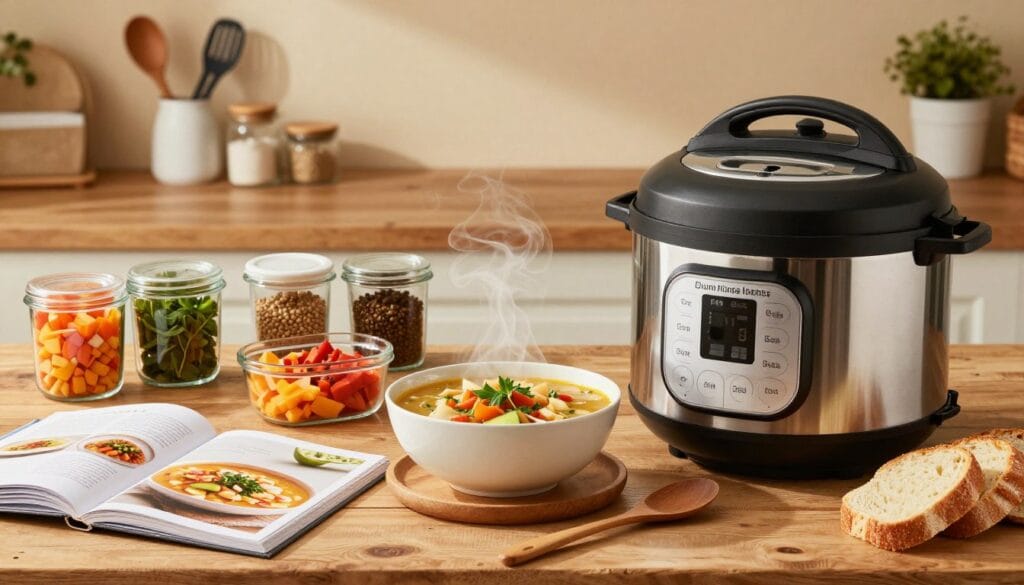 A cozy kitchen scene showcasing a variety of quick dinner recipes for a pressure cooker. In the foreground, a stylish Instant Pot is surrounded by colorful ingredients such as chopped vegetables, herbs, and spices in glass containers. To the side, an open recipe book with mouth-watering images of soups can be seen. In the middle, a steaming bowl of hearty soup is garnished with fresh herbs, with a wooden spoon resting next to it. The background features warm, soft lighting from above, highlighting the vibrant colors of the food and creating an inviting atmosphere. A rustic wooden table adds to the comfort, while fresh bread and decorative kitchen utensils complete the welcoming setting, evoking feelings of warmth and home-cooked goodness. A cozy kitchen scene showcasing a variety of quick dinner recipes for a pressure cooker. In the foreground, a stylish Instant Pot is surrounded by colorful ingredients such as chopped vegetables, herbs, and spices in glass containers. To the side, an open recipe book with mouth-watering images of soups can be seen. In the middle, a steaming bowl of hearty soup is garnished with fresh herbs, with a wooden spoon resting next to it. The background features warm, soft lighting from above, highlighting the vibrant colors of the food and creating an inviting atmosphere. A rustic wooden table adds to the comfort, while fresh bread and decorative kitchen utensils complete the welcoming setting, evoking feelings of warmth and home-cooked goodness.