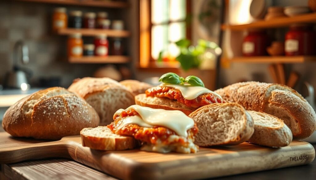 A cozy kitchen setting illuminated by warm, natural light streaming through a window. In the foreground, a wooden cutting board displays an assortment of freshly baked breads ideal for chicken parmesan sandwiches: a rustic ciabatta, a soft focaccia, and a crunchy baguette. Each loaf is sliced, revealing a fluffy texture and golden crust. In the middle, a plate holds crispy chicken parmesan fillets, topped with melted mozzarella cheese and fresh basil, enticingly framed by the bread options. The background features softly blurred shelves with jars of marinara sauce and fresh herbs, creating a homey atmosphere. The overall mood is inviting and appetizing, perfect for inspiring home cooks looking to create the ultimate sandwich.