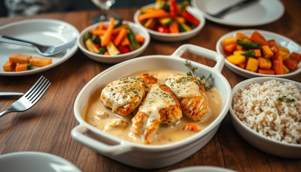 A delicious Boursin chicken casserole is the centerpiece of the image, showcasing tender, golden-brown chicken pieces layered in a creamy Boursin cheese sauce, sprinkled with fresh herbs. Surrounding the casserole dish, there are vibrant sides: a colorful medley of roasted seasonal vegetables like carrots, zucchini, and bell peppers, and a light, fluffy rice pilaf garnished with parsley. The setting is a rustic wooden dining table, adorned with simple white plates and cutlery for a homey feel. Soft, warm lighting enhances the inviting atmosphere, while a shallow depth of field focuses on the casserole, creating a dreamy, appetizing look. The mood is cozy and comforting, perfect for a family dinner. A delicious Boursin chicken casserole is the centerpiece of the image, showcasing tender, golden-brown chicken pieces layered in a creamy Boursin cheese sauce, sprinkled with fresh herbs. Surrounding the casserole dish, there are vibrant sides: a colorful medley of roasted seasonal vegetables like carrots, zucchini, and bell peppers, and a light, fluffy rice pilaf garnished with parsley. The setting is a rustic wooden dining table, adorned with simple white plates and cutlery for a homey feel. Soft, warm lighting enhances the inviting atmosphere, while a shallow depth of field focuses on the casserole, creating a dreamy, appetizing look. The mood is cozy and comforting, perfect for a family dinner.