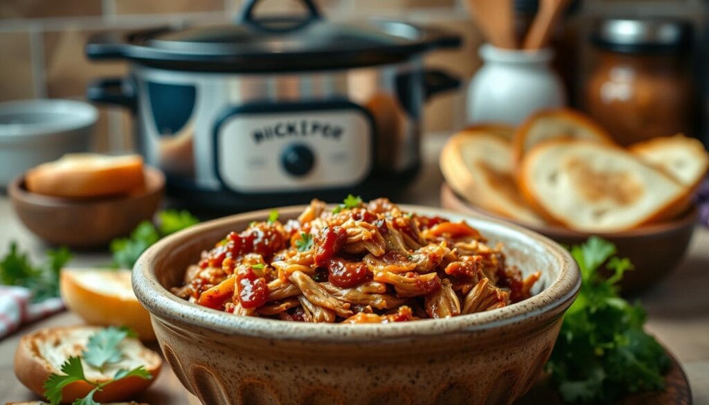 A delicious and vibrant BBQ Pulled Chicken dish presented in a rustic ceramic bowl, centered in the foreground, showcasing shredded chicken coated in a rich, glossy barbecue sauce with visible spices. Surround the bowl with garnishes like fresh parsley and slices of a toasted bun for added texture. In the middle background, an inviting kitchen setting with a slow cooker, subtly steaming, and kitchen utensils nearby, hinting at the cooking process without drawing focus. Soft, warm lighting illuminates the scene, creating a cozy atmosphere reminiscent of a family dinner. Use a slightly overhead angle to capture the depth of the bowl and the surrounding elements, inviting the viewer into the culinary experience.