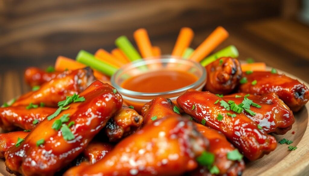 A delicious platter of BBQ boneless wings, glistening with a rich, thick barbecue glaze that highlights their crispy texture. In the foreground, focus on the wings, showcasing their succulent, tender meat and a sprinkling of freshly chopped parsley for garnish. In the middle, place a small bowl filled with tangy dipping sauce, surrounded by vibrant carrot and celery sticks. The background features a rustic wooden table, subtly blurred to draw attention to the wings, with warm, inviting lighting that creates a cozy, mouthwatering atmosphere. The image should evoke a sense of casual comfort, perfect for a delightful meal. Capture the scene at a slight angle to emphasize the textures and colors of the food.