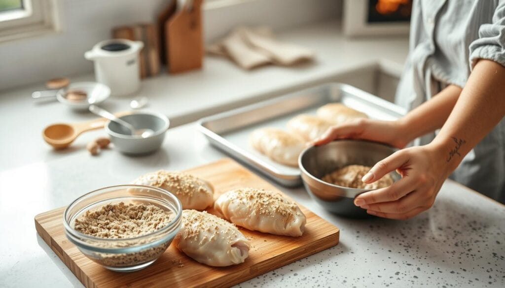 A kitchen countertop scene featuring a person in modest casual clothing preparing shake and bake chicken breasts. In the foreground, vibrant, uncooked chicken breasts are placed on a cutting board, surrounded by a bowl of seasoned Shake and Bake coating, and a pair of hands fully engaged in the preparation process, gently coating the chicken with the seasoning. The middle layer showcases a tidy kitchen environment with utensils like measuring spoons, and a baking tray ready for the oven, hinting at a warm and inviting culinary atmosphere. In the background, soft natural light filters through a window, creating an inviting and homely feel. The composition should have a slightly overhead angle, focusing on the hands and ingredients, evoking feelings of anticipation for a delicious meal.