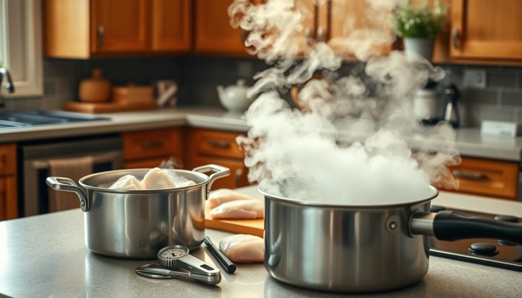 A kitchen scene capturing the process of boiling frozen chicken. In the foreground, a stainless steel pot filled with bubbling water and frozen chicken pieces is centered, steam rising dramatically as the water simmers. On the middle of the countertop, a cutting board holds various kitchen utensils, including a thermometer, tongs, and a pair of partially frozen chicken breasts for visual contrast. In the background, soft, warm lighting illuminates a clutter-free kitchen with wooden cabinets and a small herb garden on the windowsill. The atmosphere is tense yet informative, highlighting the risks associated with cooking frozen meat, without showing any people. Use a close-up angle to emphasize the bubbling pot.