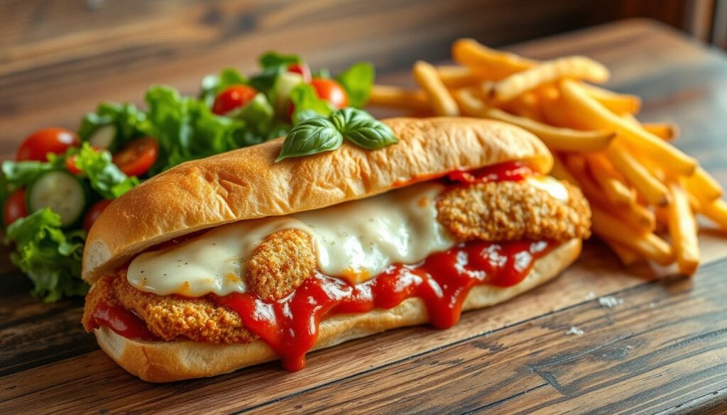 A mouthwatering chicken parm sandwich sits prominently in the foreground, with golden-brown breaded chicken, melted mozzarella cheese, and rich marinara sauce cascading over the sides. The sandwich is nestled in a toasted, slightly crispy hoagie roll, garnished with fresh basil leaves. Accompanying the sandwich are vibrant sides, including a crisp garden salad with cherry tomatoes and cucumbers, and a generous serving of crispy, golden French fries, lightly sprinkled with sea salt. The background features a rustic wooden table, with soft, warm lighting casting a cozy atmosphere. The composition captures a slightly elevated angle, showcasing the sandwich's delicious layers and enticing textures, evoking a sense of indulgence and comfort. A mouthwatering chicken parm sandwich sits prominently in the foreground, with golden-brown breaded chicken, melted mozzarella cheese, and rich marinara sauce cascading over the sides. The sandwich is nestled in a toasted, slightly crispy hoagie roll, garnished with fresh basil leaves. Accompanying the sandwich are vibrant sides, including a crisp garden salad with cherry tomatoes and cucumbers, and a generous serving of crispy, golden French fries, lightly sprinkled with sea salt. The background features a rustic wooden table, with soft, warm lighting casting a cozy atmosphere. The composition captures a slightly elevated angle, showcasing the sandwich's delicious layers and enticing textures, evoking a sense of indulgence and comfort.