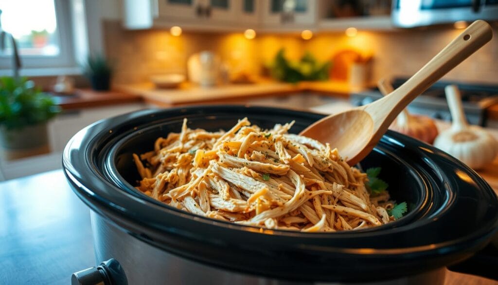 A mouthwatering scene of easy shredded chicken in a slow cooker, positioned prominently in the foreground. The slow cooker is a sleek black model, filled with perfectly cooked, tender chicken that is infused with herbs and spices, showcasing a juicy, golden-brown color. In the middle ground, a wooden spoon rests beside the cooker, slightly dipped into the succulent chicken, hinting at the dish's readiness for serving. The background features a warm, inviting kitchen setting, with softly lit cabinets and ingredients like fresh herbs, garlic, and onions artfully arranged on a countertop. Soft, natural lighting streams in from a nearby window, casting gentle shadows and creating a cozy atmosphere, evoking the comfort of homemade meals.