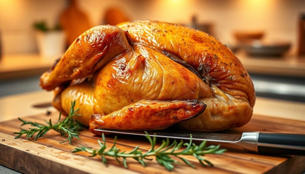 A perfectly cooked whole chicken with its skin beautifully crisped sits majestically on a wooden cutting board. The golden brown skin glistens with a slight sheen, showcasing the texture and the appetizing crackling. In the foreground, a few fresh herbs—rosemary and thyme—are scattered around, adding a touch of color and freshness. In the middle ground, a sharp chef’s knife rests beside the chicken, hinting at the anticipation of carving. The background features a softly blurred kitchen scene with warm, inviting lighting, exuding a cozy cooking atmosphere. The angle is slightly overhead, capturing the chicken's entire form while emphasizing its crispy skin. The image evokes a sense of warmth and culinary delight, inviting viewers to savor the perfection of home-cooked meals. A perfectly cooked whole chicken with its skin beautifully crisped sits majestically on a wooden cutting board. The golden brown skin glistens with a slight sheen, showcasing the texture and the appetizing crackling. In the foreground, a few fresh herbs—rosemary and thyme—are scattered around, adding a touch of color and freshness. In the middle ground, a sharp chef’s knife rests beside the chicken, hinting at the anticipation of carving. The background features a softly blurred kitchen scene with warm, inviting lighting, exuding a cozy cooking atmosphere. The angle is slightly overhead, capturing the chicken's entire form while emphasizing its crispy skin. The image evokes a sense of warmth and culinary delight, inviting viewers to savor the perfection of home-cooked meals.