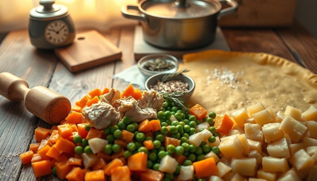 A rustic wooden kitchen table set against a softly lit background showcases an array of fresh ingredients for homemade chicken pot pie. In the foreground, there are plump pieces of cooked chicken, vibrant diced carrots, green peas, and diced potatoes, creating a colorful palette. A rolling pin is placed beside a sheet of golden puff pastry, with droplets of flour glistening in the light. In the middle, a small bowl contains a mix of herbs like thyme and rosemary. In the background, a vintage pot and a cutting board add charm to the scene, bathed in warm, inviting light that evokes a cozy kitchen atmosphere. The angle is slightly overhead, capturing the essence of home cooking and the joy of preparing a comforting dish. A rustic wooden kitchen table set against a softly lit background showcases an array of fresh ingredients for homemade chicken pot pie. In the foreground, there are plump pieces of cooked chicken, vibrant diced carrots, green peas, and diced potatoes, creating a colorful palette. A rolling pin is placed beside a sheet of golden puff pastry, with droplets of flour glistening in the light. In the middle, a small bowl contains a mix of herbs like thyme and rosemary. In the background, a vintage pot and a cutting board add charm to the scene, bathed in warm, inviting light that evokes a cozy kitchen atmosphere. The angle is slightly overhead, capturing the essence of home cooking and the joy of preparing a comforting dish.