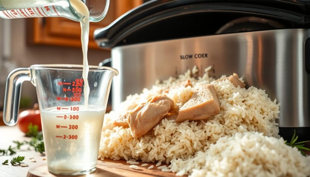 A slow cooker filled with tender, perfectly cooked chicken and fluffy rice, highlighting the ideal liquid-to-grain ratio. In the foreground, a measuring cup with a clear view of liquid being poured into the cooker, while grains of rice are scattered artistically nearby. In the middle, the slow cooker should be set on a rustic kitchen countertop with fresh ingredients like herbs and spices around it, hinting at flavor enhancements. The background should feature softly blurred, warm-toned kitchen cabinets, creating an inviting atmosphere. The lighting should be natural and bright, simulating sunlight streaming through a window, enhancing the comforting and homely feel of a cooking scene. A slow cooker filled with tender, perfectly cooked chicken and fluffy rice, highlighting the ideal liquid-to-grain ratio. In the foreground, a measuring cup with a clear view of liquid being poured into the cooker, while grains of rice are scattered artistically nearby. In the middle, the slow cooker should be set on a rustic kitchen countertop with fresh ingredients like herbs and spices around it, hinting at flavor enhancements. The background should feature softly blurred, warm-toned kitchen cabinets, creating an inviting atmosphere. The lighting should be natural and bright, simulating sunlight streaming through a window, enhancing the comforting and homely feel of a cooking scene.