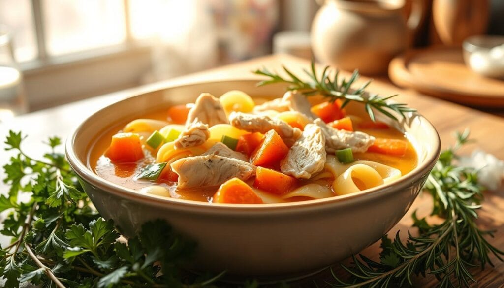 A steaming bowl of delicious rotisserie chicken noodle soup, brimming with golden broth and colorful vegetables. In the foreground, an elegant ceramic bowl is surrounded by fresh herbs like parsley and thyme, with a sprig of rosemary artfully placed on top. Silky egg noodles are intertwined with tender pieces of rotisserie chicken, and vibrant carrots and celery are peeking through. The background features a warm, inviting kitchen ambiance, with soft, natural light filtering in through a window, casting gentle shadows. A rustic wooden table enhances the comforting, homey feel of the scene. The overall mood is cozy and inviting, perfect for a chilly day, highlighting the essence of a classic comfort food.